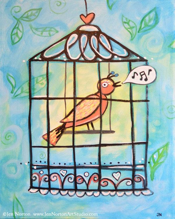 Whimsical Singing Bird: Paint with me at a VinoPaint event!