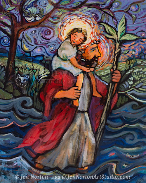 A painting of St. Christopher carrying the Christ child across a river, keeping him safe from danger.