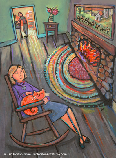 An illustration for a fiction piece about a modern woman finding comfort in St. Julian of Norwich. She is sitting in a rocking chair by the fire with her orange cat, contemplating the words "All Shall be Well" attributed to the saint. Acrylic on paper.