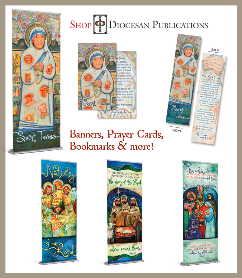 A collection of liturgical banners and prayer cards by Diocesan Publications and Jen Norton