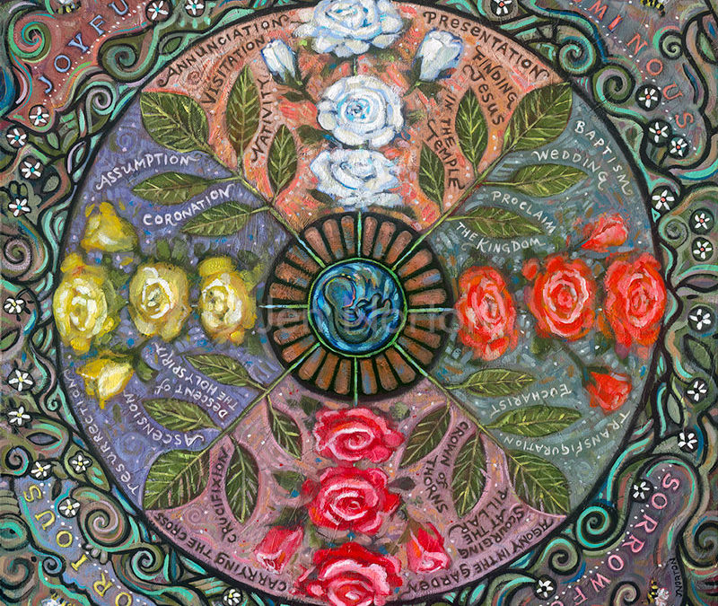 Painting of a mandala featuring roses and the mysteries of the Catholic rosary