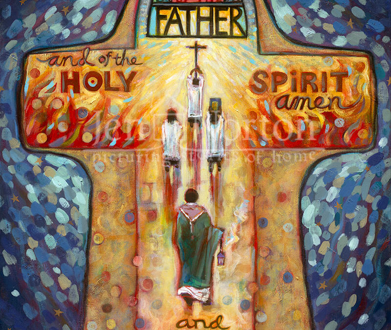 Acrylic on canvas painting of the processional of the Catholic Mass by Jen Norton.
