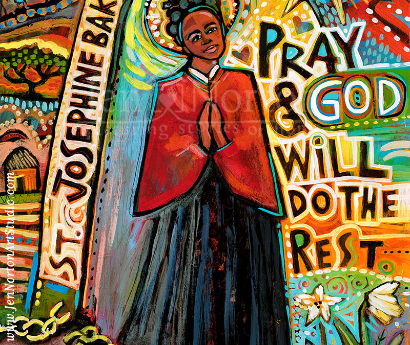 Illustration of St. Josephine Bakhita by Jen Norton. 11x14", Acrylic on wood.