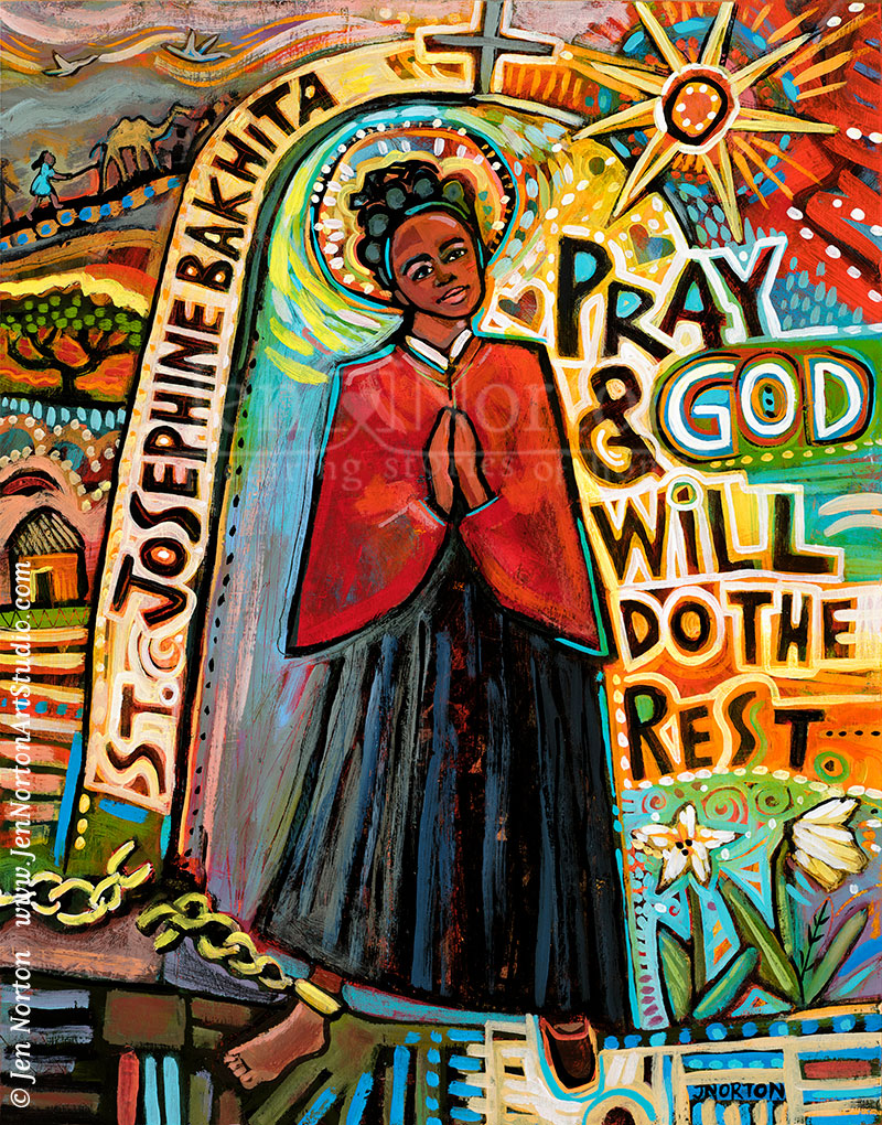 Illustration of St. Josephine Bakhita by Jen Norton. 11x14", Acrylic on wood.