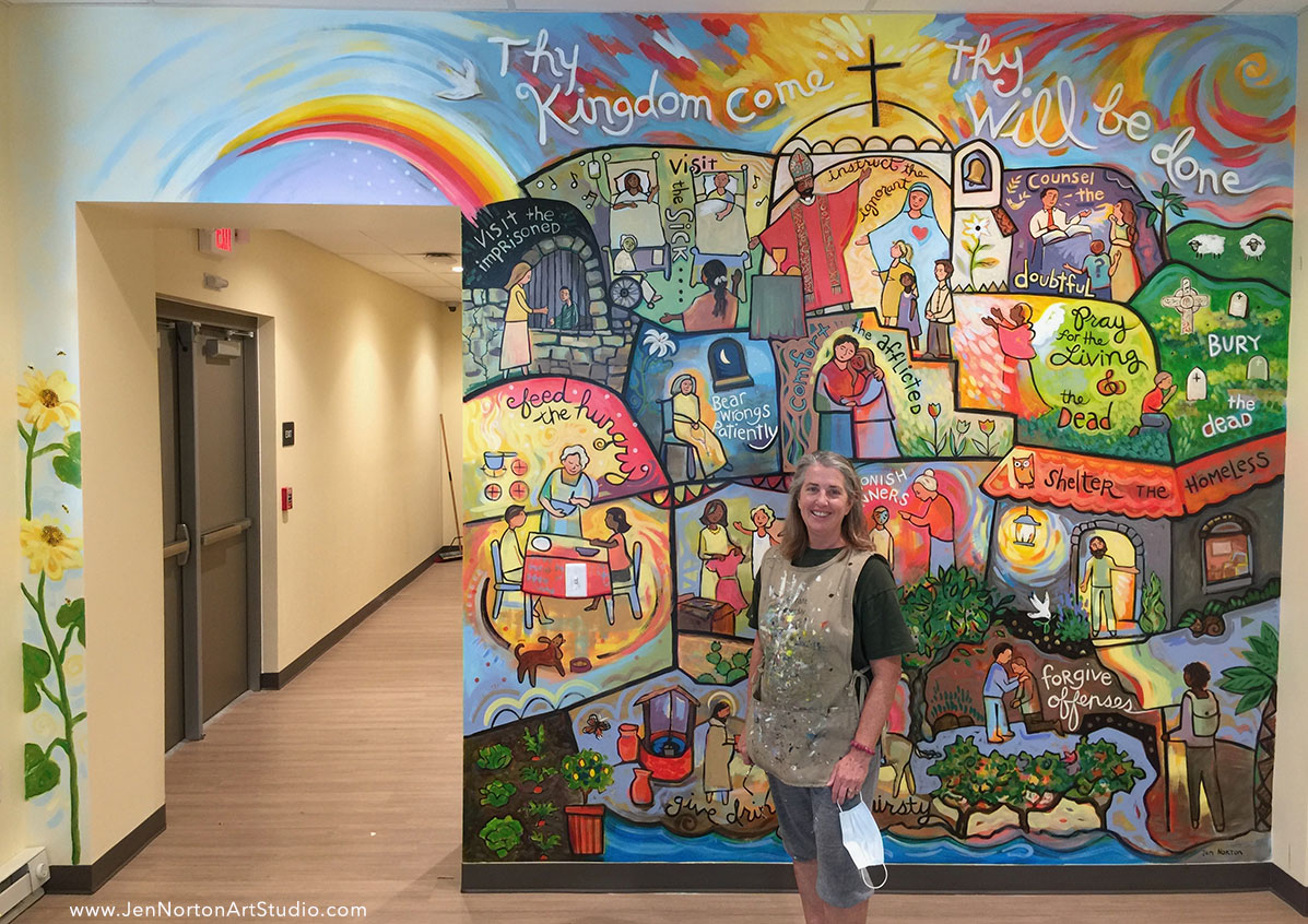 Jen Norton with mural work done at St. John Neumann School, PA