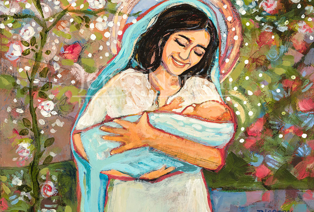 Acrylic on wood painting of Mary holding baby Jesus by Jen Norton