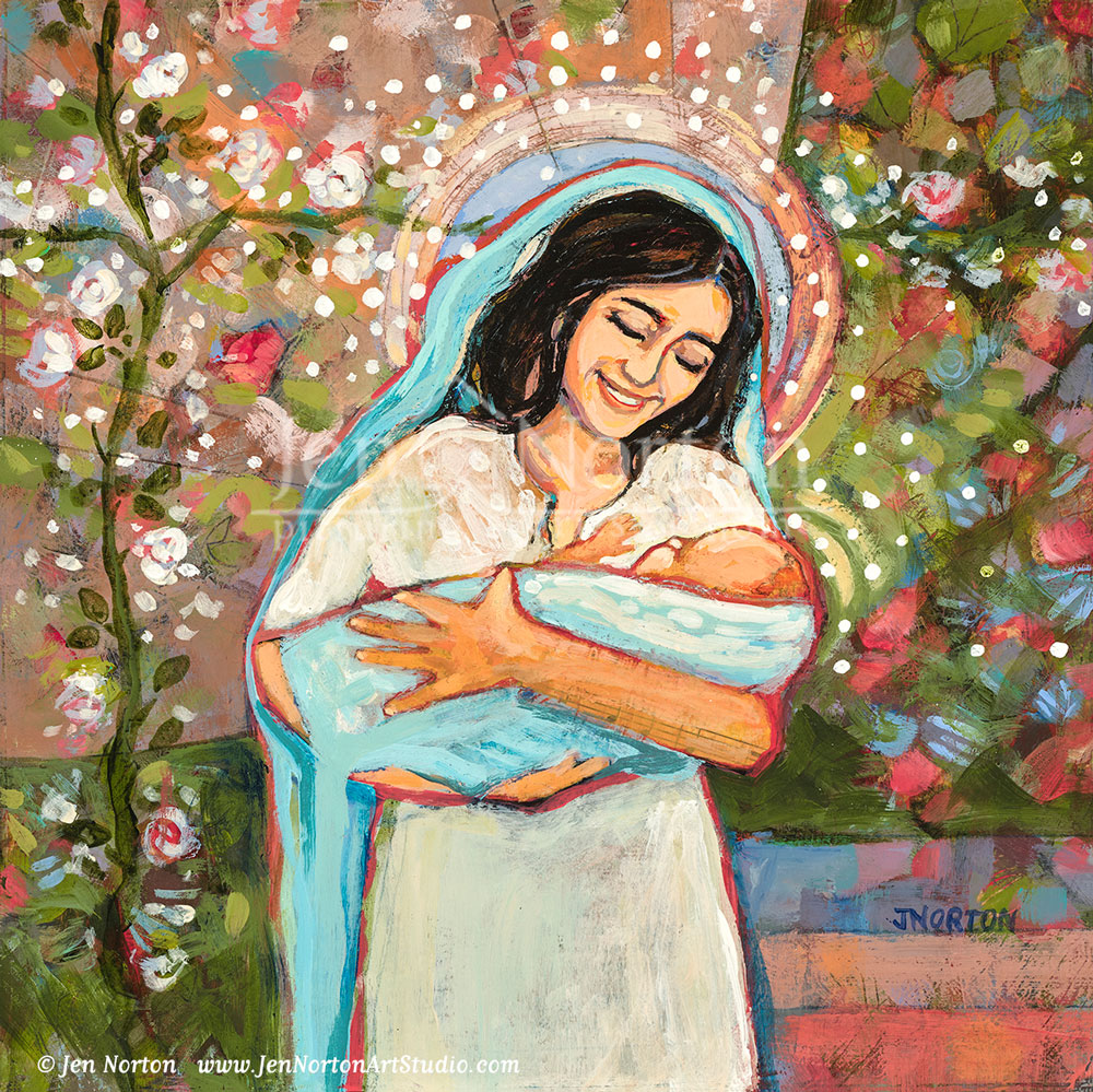 Acrylic on wood painting of Mary holding baby Jesus by Jen Norton