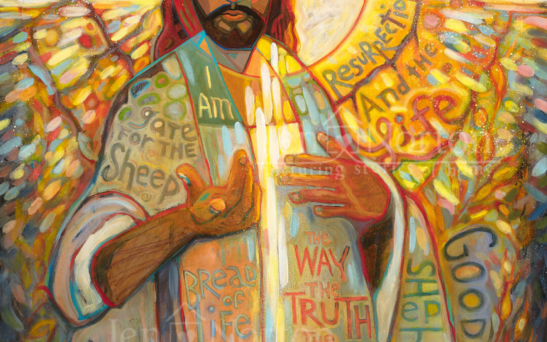 Acrylic painting of Jesus asking the viewer, "But who do you say that I am?" from Matt 16:15. By Jen Norton. Contains the "I Am" statements of Jesus.