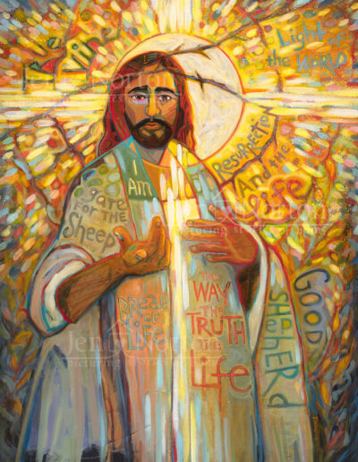 Acrylic painting of Jesus asking the viewer, "But who do you say that I am?" from Matt 16:15. By Jen Norton. Contains the "I Am" statements of Jesus.