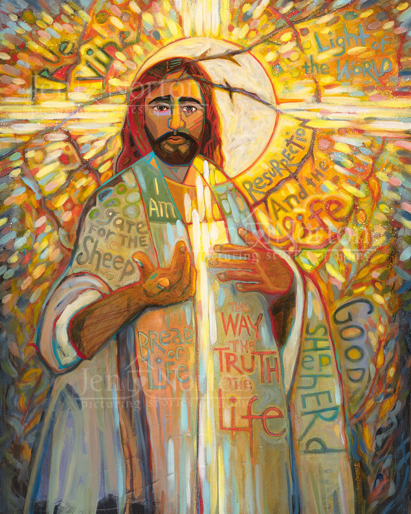 Acrylic painting of Jesus asking the viewer, "But who do you say that I am?" from Matt 16:15. By Jen Norton. Contains the "I Am" statements of Jesus.