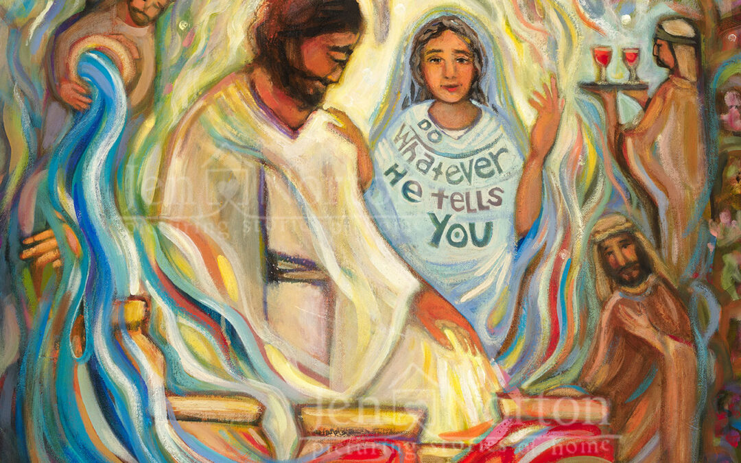 Acrylic on canvas painting of The Wedding at Cana by Jen Norton.