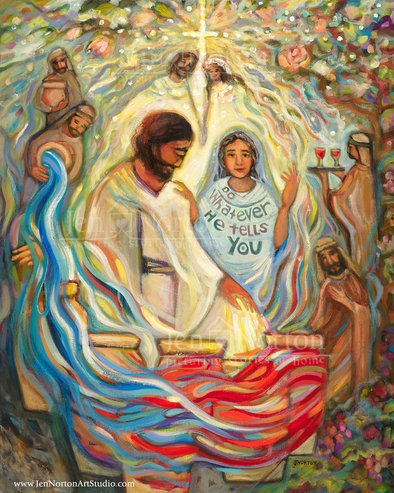 Acrylic on canvas painting of The Wedding at Cana by Jen Norton.