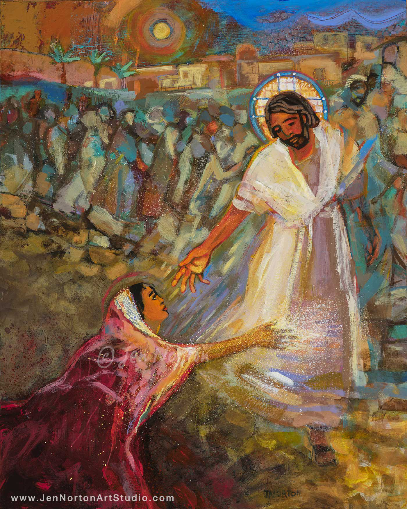 Acrylic painting by Catholic artist Jen Norton of the Woman with the Hemorrhage from Mark 5. The woman is reaching for Jesus' garment as he walks by.