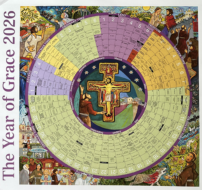2026 Year of Grace Liturgical Calendar poster by LTP, featuring illustrations of the life of St. Francis by Jen Norton.