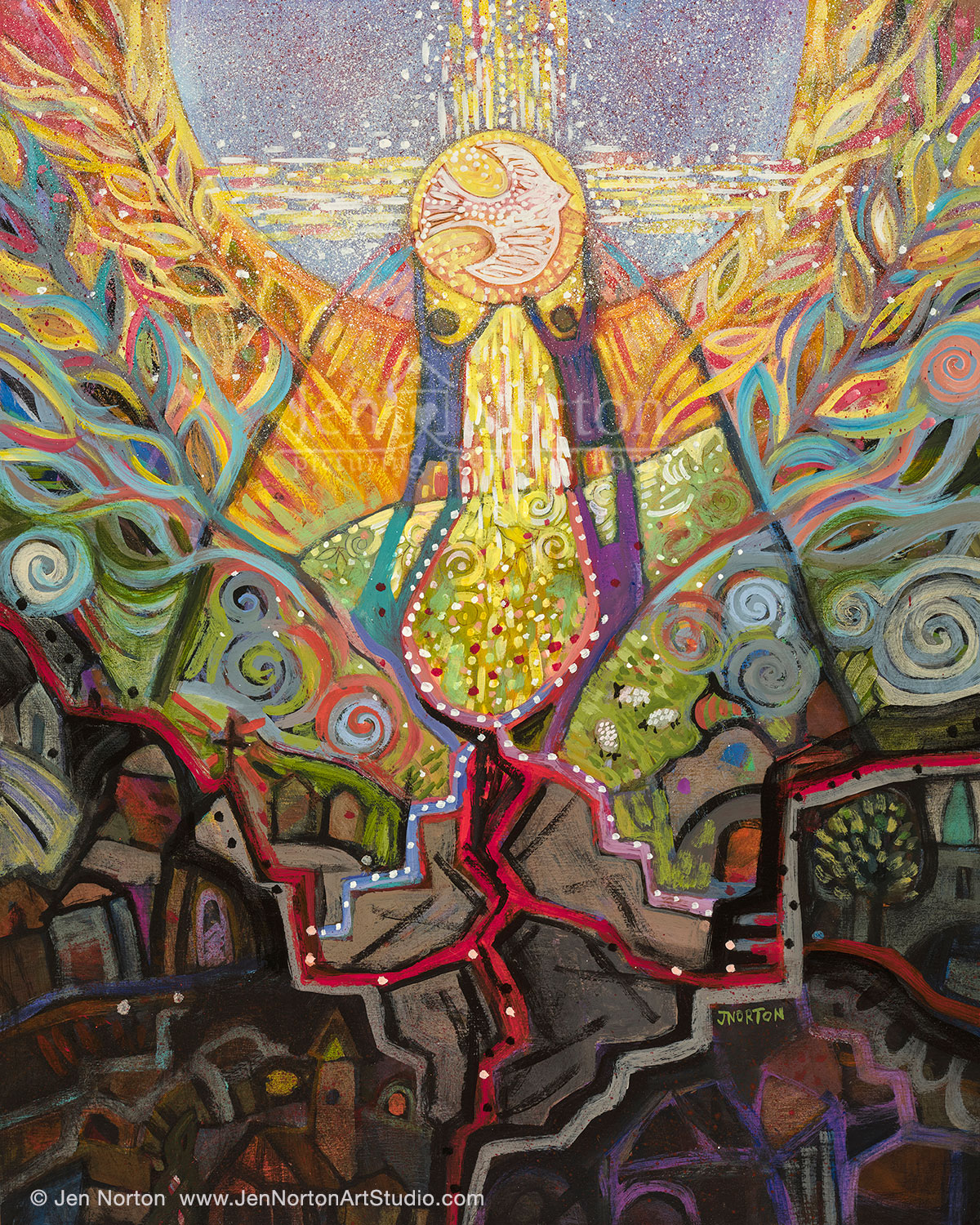 JN1103_Peacemakers Blessed are the Peacemakers, Illustration by Jen Norton. Acrylic on wood.