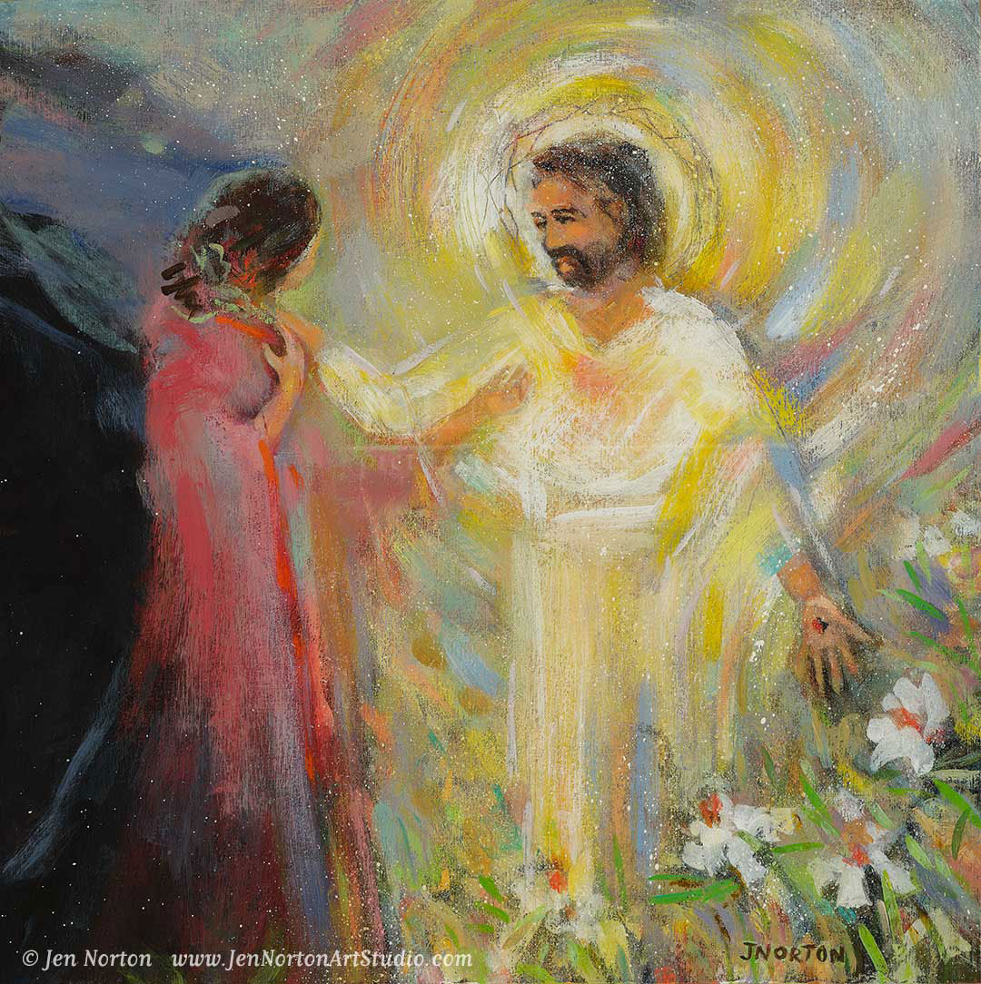 Artwork by Jen Norton, Mary Magdalene and Jesus outside the tomb on Easter morning