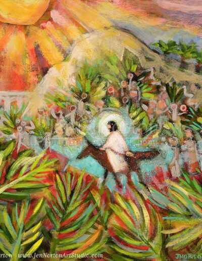 Acrylic on wood painting of Jesus entering Jerusalem on Palm Sunday by Jen Norton